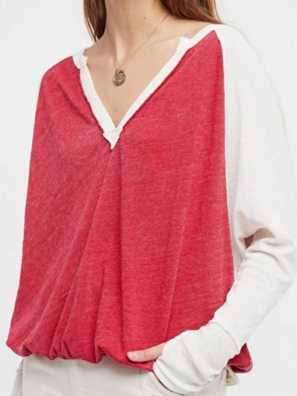NWT Free People Soft Casual Red and White Long Sleeve V Neck